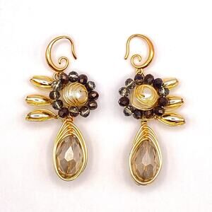Handmade 10K Gold Plated Wire Wrapped Pearl Quartz Large Drop Statement Earrings